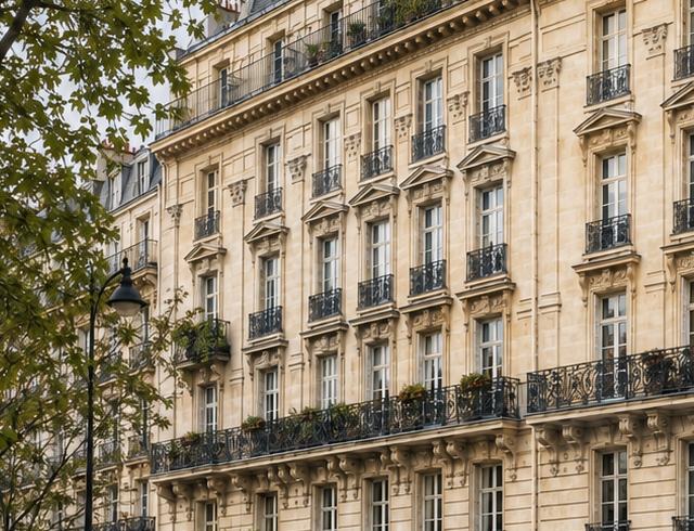 Façade en pierre de taille et balcons en fer forgé